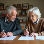 Couple de seniors examinant des documents importants