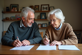 Couple de seniors examinant des documents importants