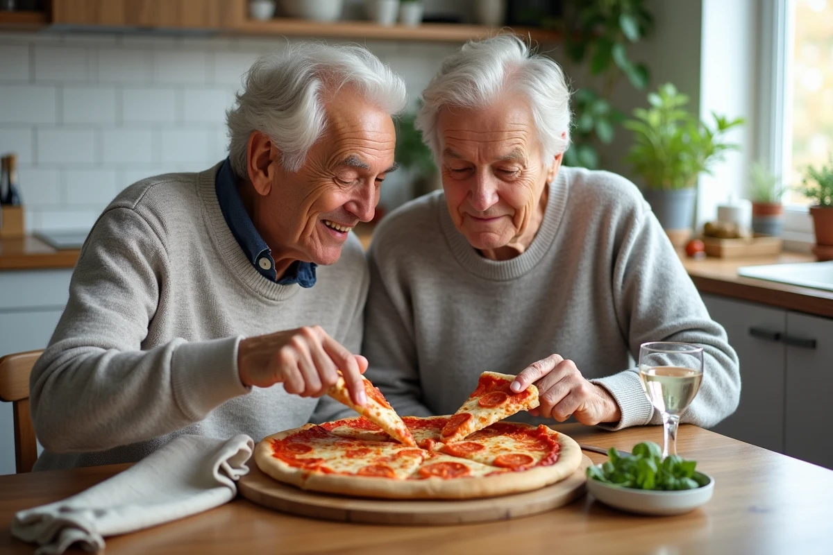 Couple de seniors partageant une pizza maison dans une cuisine moderne au quotidien
