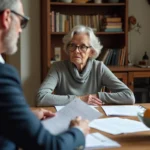 Une femme âgée et un travailleur social examinent des documents administratifs liés à une curatelle autour d'une table en bois dans un appartement
