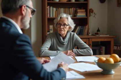 Une femme âgée et un travailleur social examinent des documents administratifs liés à une curatelle autour d'une table en bois dans un appartement