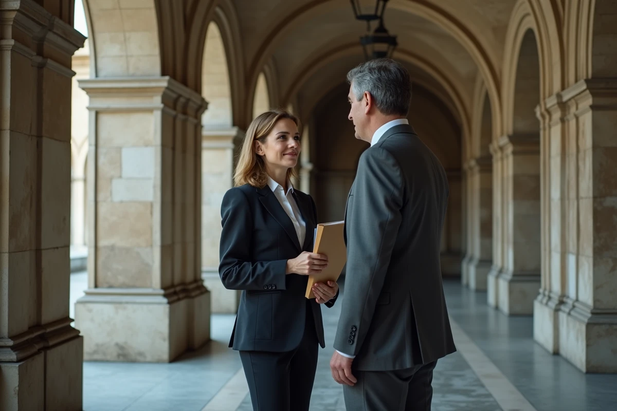 Deux professionnels du droit dans un couloir de palais de justice discutant d'un dossier de curatelle judiciaire