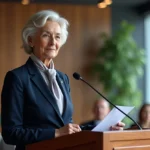 Femme élégante en discours de retraite dans une salle moderne