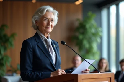 Femme élégante en discours de retraite dans une salle moderne