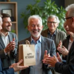 Groupe de collègues souriants lors d'une fête de départ en retraite