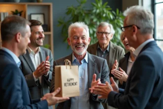 Groupe de collègues souriants lors d'une fête de départ en retraite