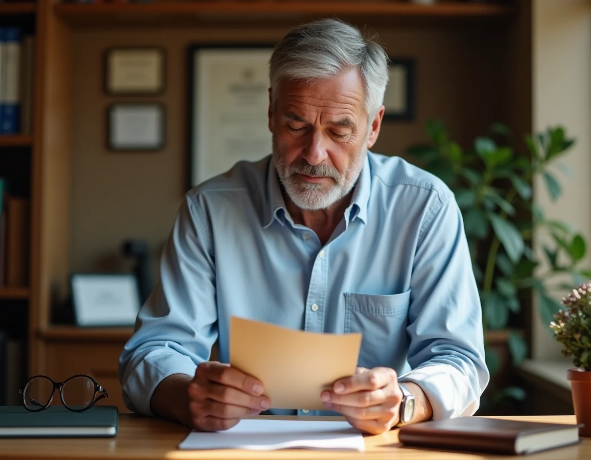 Homme proche de la retraite lisant une carte manuscrite d'adieu dans un bureau chaleureux, expression émue et nostalgique