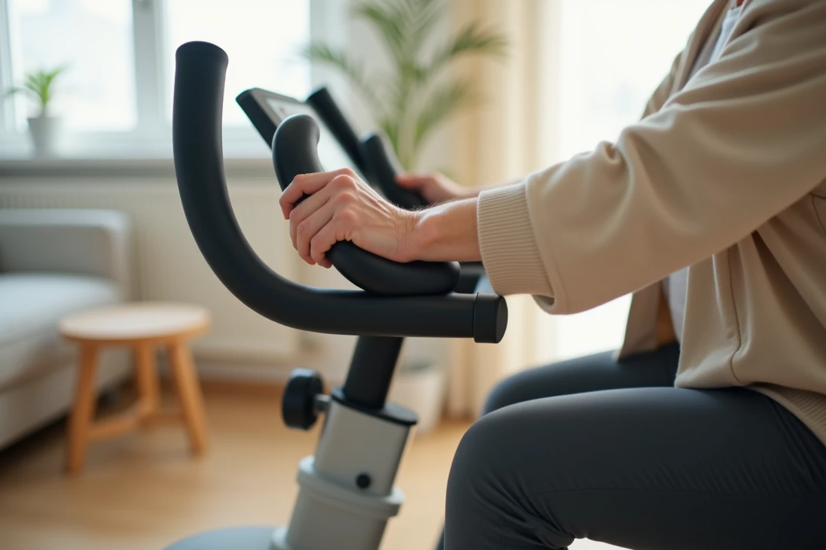 Gros plan sur le guidon ergonomique et le dossier rembourré d'un vélo d'appartement pour senior