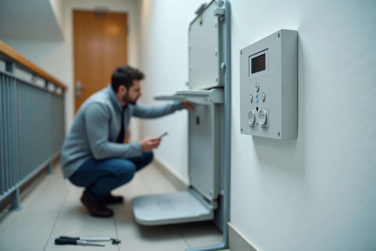 Panneau de commande d'un élévateur PMR et plateforme repliable fixés au mur d'une copropriété, technicien vérifiant les rails d'installation