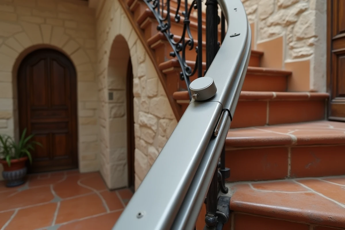 Détail du rail et du mécanisme d'un monte escaliers courbe installé dans une maison ancienne de style provençal français