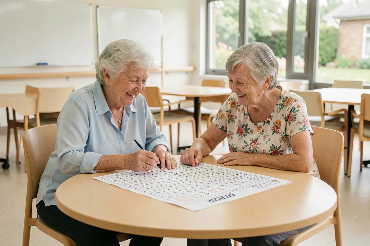 Deux femmes âgées collaborant ensemble sur une grille de mots mêlés imprimée dans une salle d'activités pour seniors