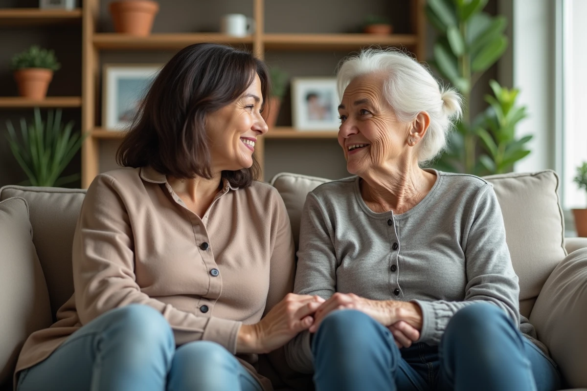 Fille adulte et sa mère âgée en conversation bienveillante dans un salon, illustrant le dialogue intergénérationnel sur le vieillissement et la mémoire