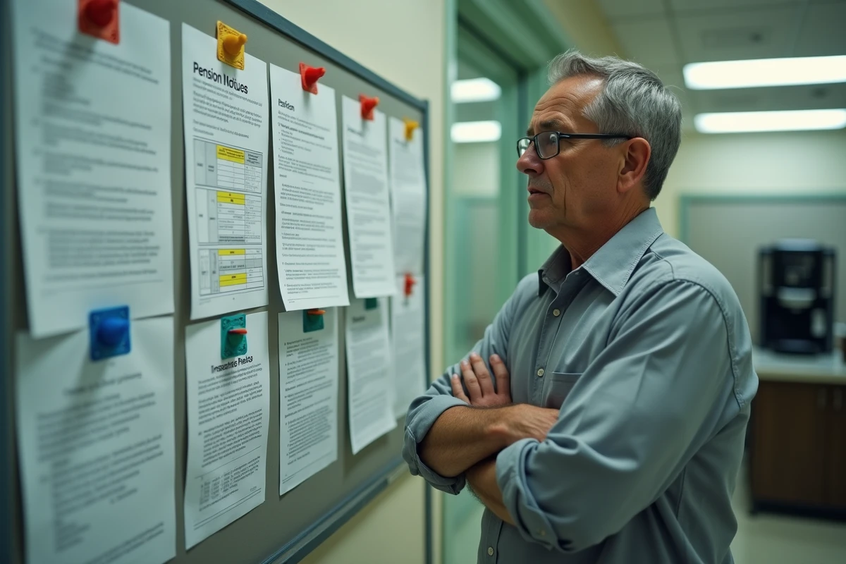 Directeur d'école étudiant les nouvelles règles de réforme de l'âge de la retraite affichées dans la salle des professeurs