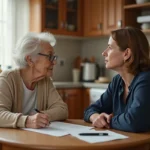 Une femme âgée et sa fille adulte discutent calmement autour d'une table de cuisine, avec des documents relatifs à une famille d'accueil pour personnes âgées posés devant elles.