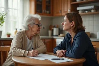 Une femme âgée et sa fille adulte discutent calmement autour d'une table de cuisine, avec des documents relatifs à une famille d'accueil pour personnes âgées posés devant elles.
