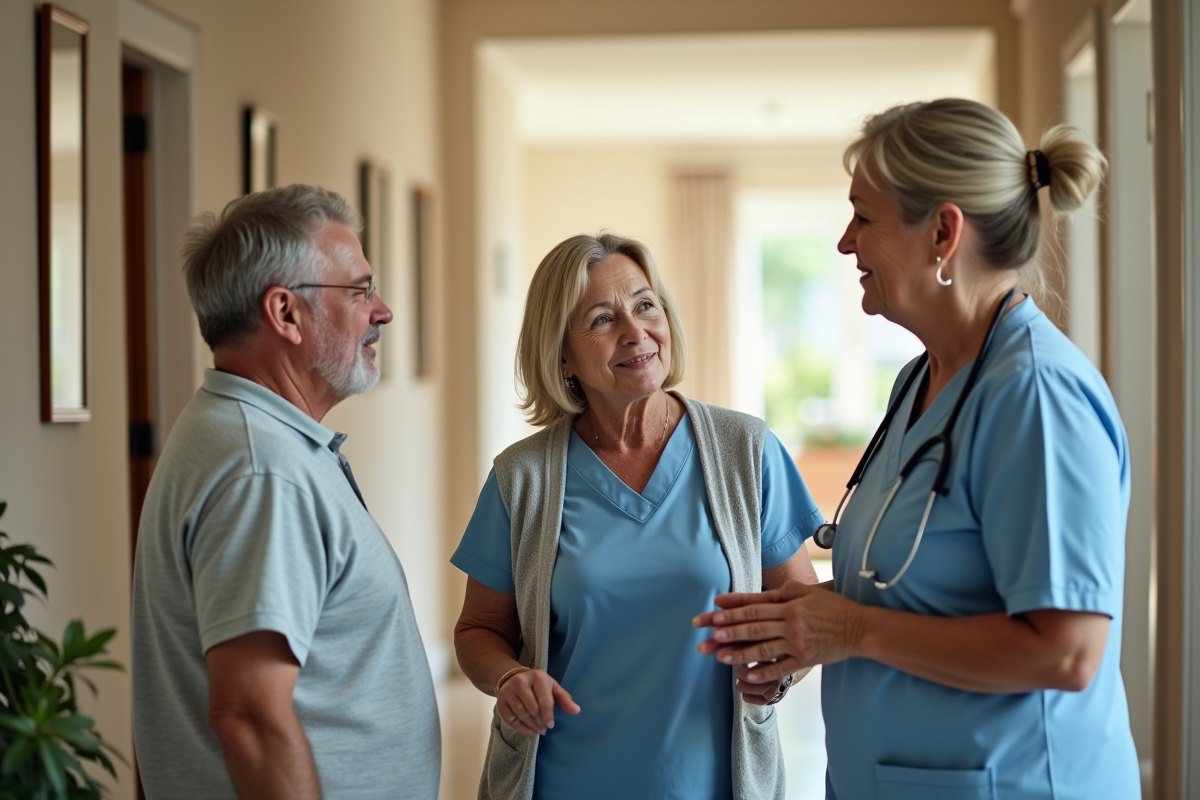 Homme et femme discutant avec une infirmiere dans un couloir
