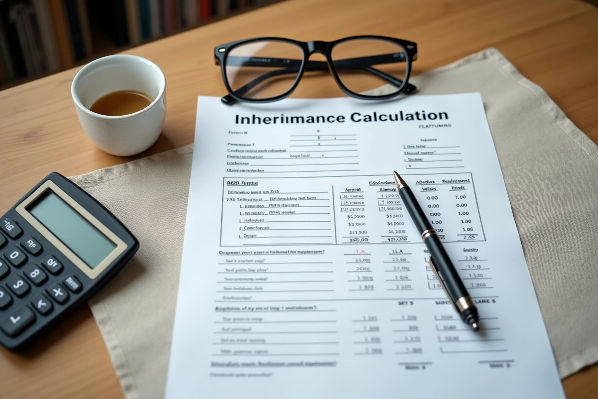Vue en plongée de documents de calcul de récupération d'APA sur une succession posés sur un bureau
