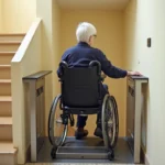 Élévateur PMR vertical installé dans la cage d'escalier d'une copropriété, femme en fauteuil roulant utilisant la plateforme élévatrice compacte à railings en acier brossé