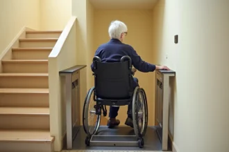 Élévateur PMR vertical installé dans la cage d'escalier d'une copropriété, femme en fauteuil roulant utilisant la plateforme élévatrice compacte à railings en acier brossé