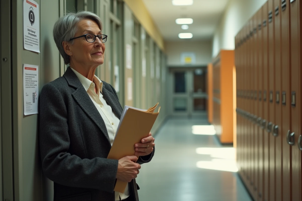 Enseignante agrégée dans un couloir universitaire consultant un avis sur la retraite anticipée