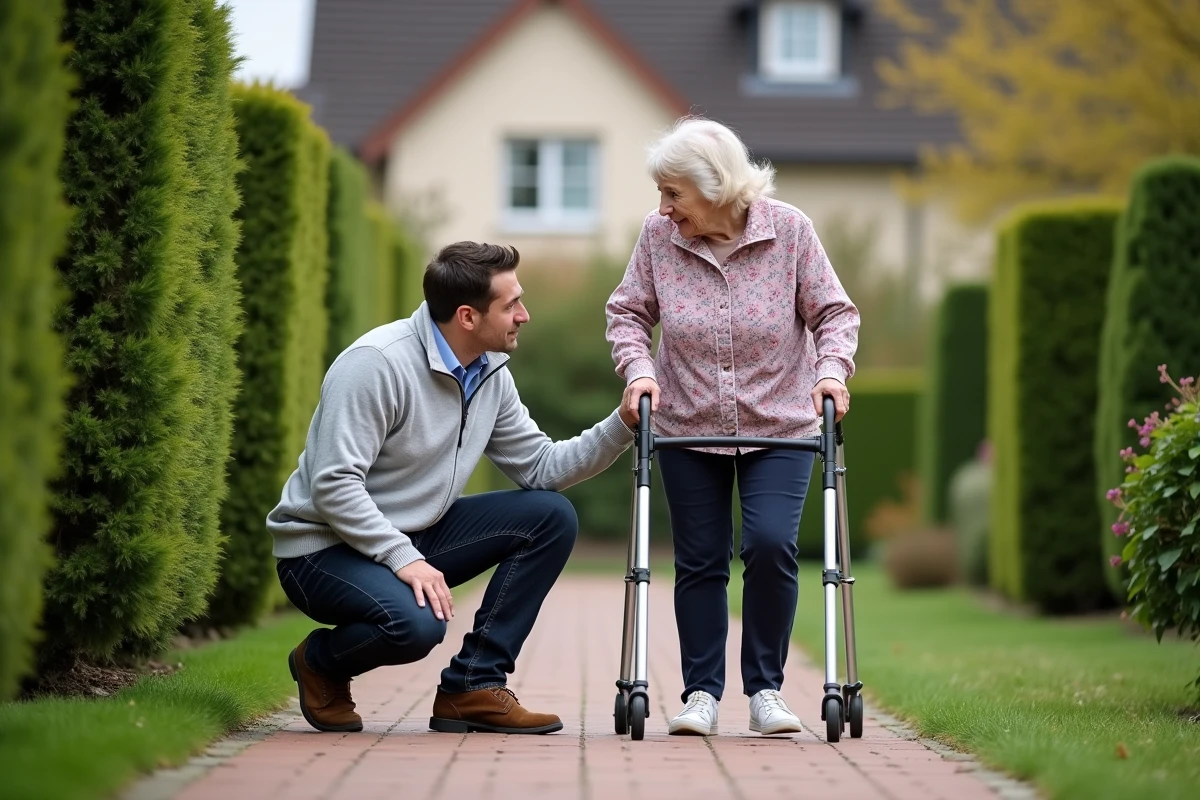 Évaluateur aidant une personne âgée dans le jardin