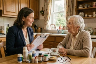 Travailleuse sociale évaluant les besoins d'une personne âgée à domicile autour d'une table de cuisine