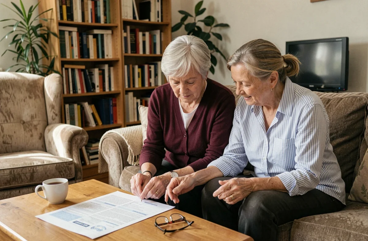 Évaluatrice de besoins et proche aidante examinant un formulaire d'évaluation à domicile dans un salon familial