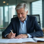 Cadre senior en costume bleu dans un bureau moderne