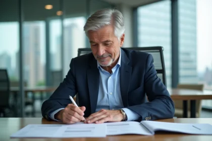 Cadre senior en costume bleu dans un bureau moderne