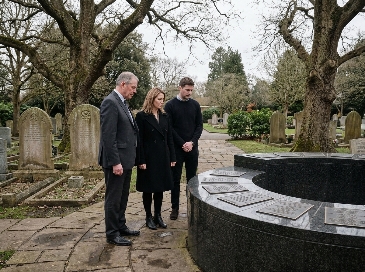 Famille réunie dans un cimetière alliant monuments funéraires traditionnels et installations mémorielles contemporaines