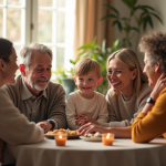 Famille multigenerationale réunie dans un salon chaleureux