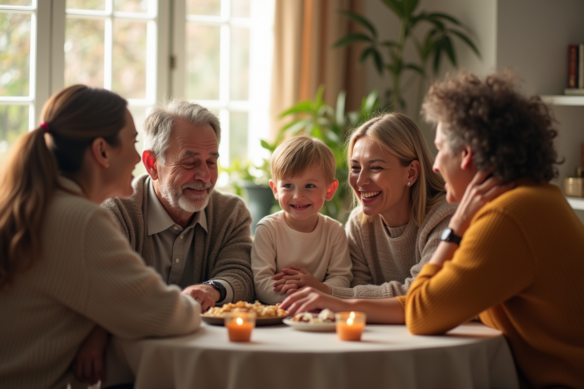 Famille multigenerationale réunie dans un salon chaleureux