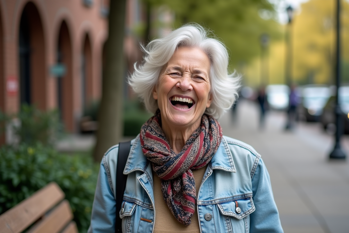 Femme de 60 ans souriante en promenade urbaine