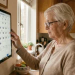 Une femme âgée consulte un calendrier électronique numérique fixé au mur de sa cuisine pour retrouver ses repères temporels
