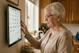 Une femme âgée consulte un calendrier électronique numérique fixé au mur de sa cuisine pour retrouver ses repères temporels