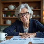 Femme âgée examinant des documents administratifs liés à l'APA et à la succession sur une table en bois