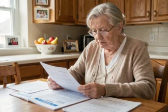 Femme âgée consultant un dossier APA à domicile, inquiète de l'évaluation de son niveau de dépendance GIR