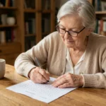 Femme âgée résolvant des mots mêlés imprimés à la table de cuisine avec un crayon et une tasse de thé