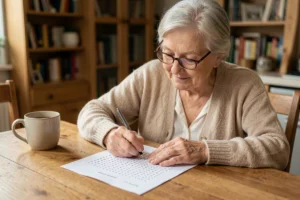 Femme âgée résolvant des mots mêlés imprimés à la table de cuisine avec un crayon et une tasse de thé