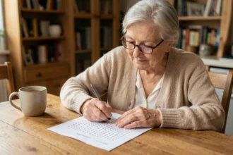 Femme âgée résolvant des mots mêlés imprimés à la table de cuisine avec un crayon et une tasse de thé