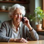 Femme agee souriante tenant un mobile dans sa cuisine chaleureuse