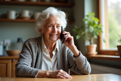 Femme agee souriante tenant un mobile dans sa cuisine chaleureuse