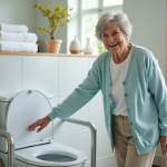 Femme agee souriante avec toilette ergonomique dans salle lumineuse