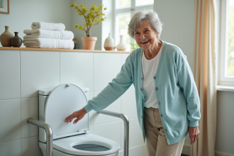 Femme agee souriante avec toilette ergonomique dans salle lumineuse