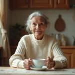 Femme âgée sereine tenant une tasse de thé dans une cuisine chaleureuse, illustrant le vieillissement naturel et la dignité des aînés