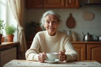 Femme âgée sereine tenant une tasse de thé dans une cuisine chaleureuse, illustrant le vieillissement naturel et la dignité des aînés