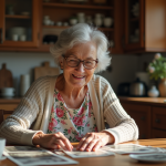 Femme âgée regardant des photos de famille dans la cuisine