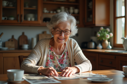 Femme âgée regardant des photos de famille dans la cuisine