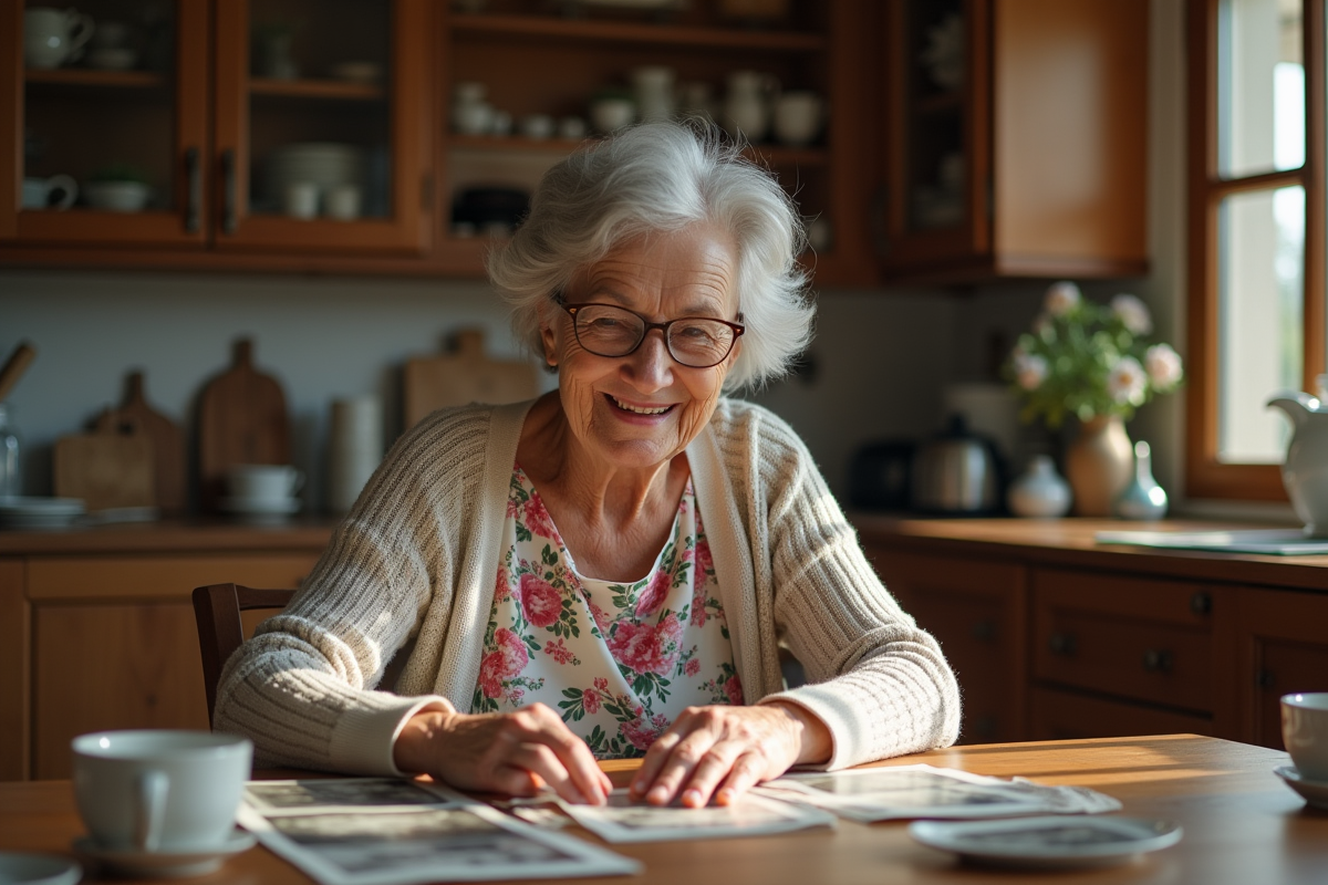 Femme âgée regardant des photos de famille dans la cuisine
