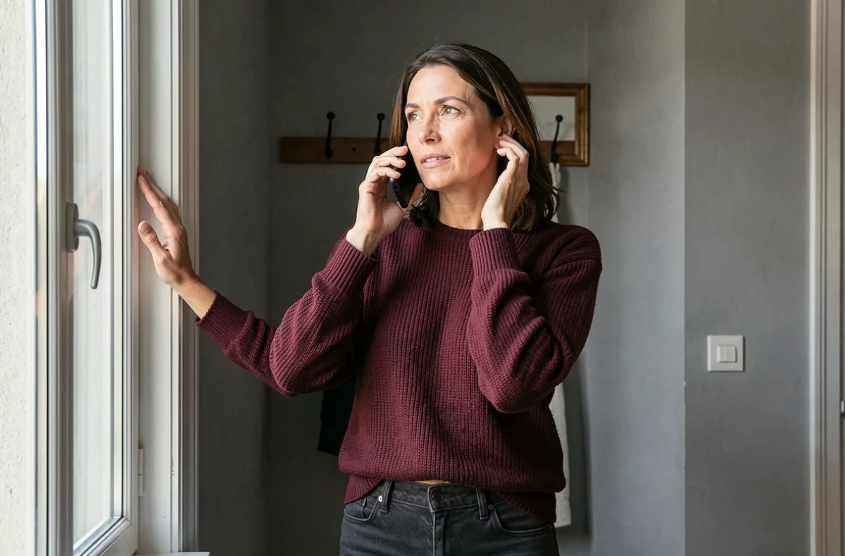 Femme aidante familiale téléphonant debout dans un couloir à un service d'écoute dédié aux aidants